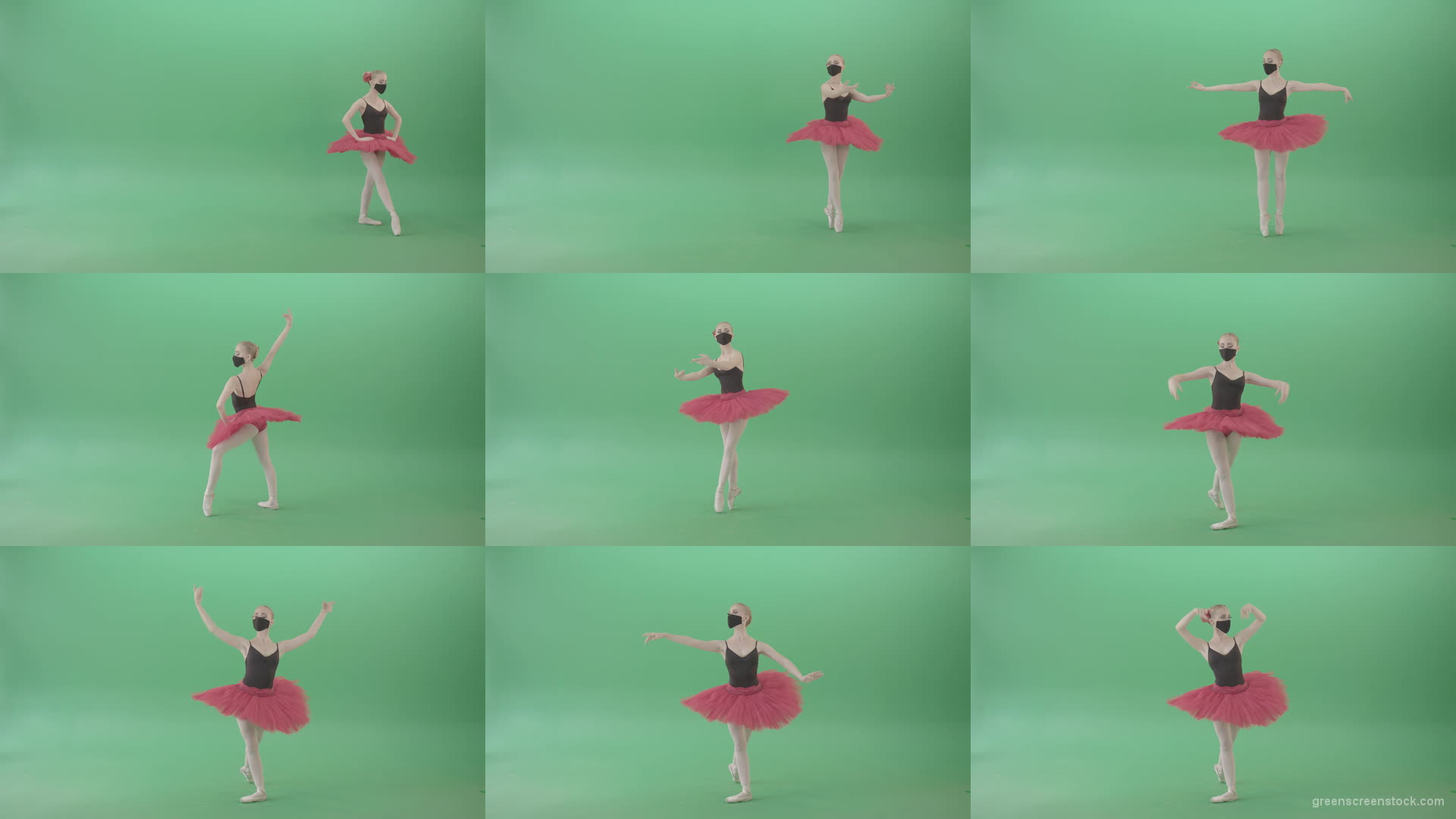 Tinny-Ballet-Dancing-Girl-Ballerina-in-red-black-dress-and-mask-welcome-people-for-awards-Green-Screen-Video-Footage-1920 Green Screen Stock