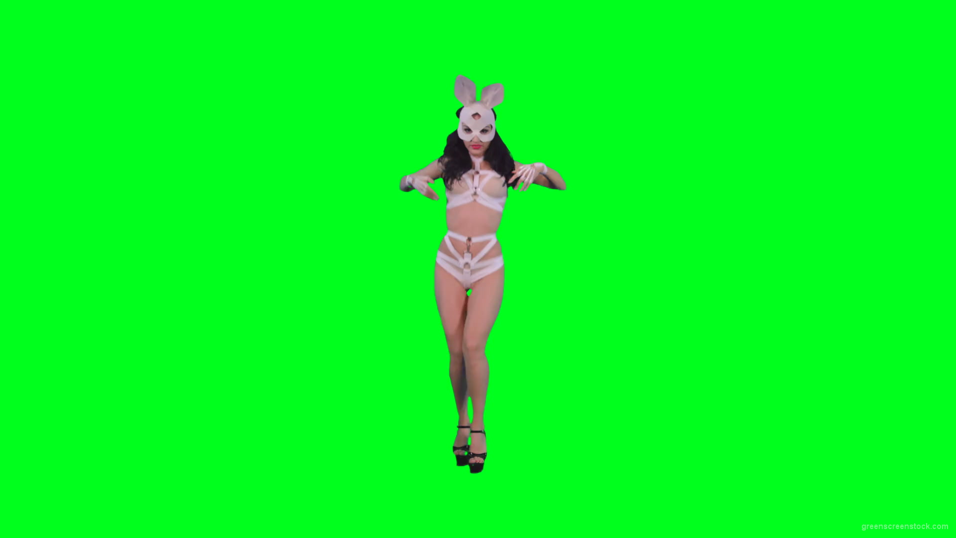 Black-hair-sexy-girl-in-playboy-costume-dancing-go-go-on-green-screen-4K-Video-Footage-1920_001 Green Screen Stock