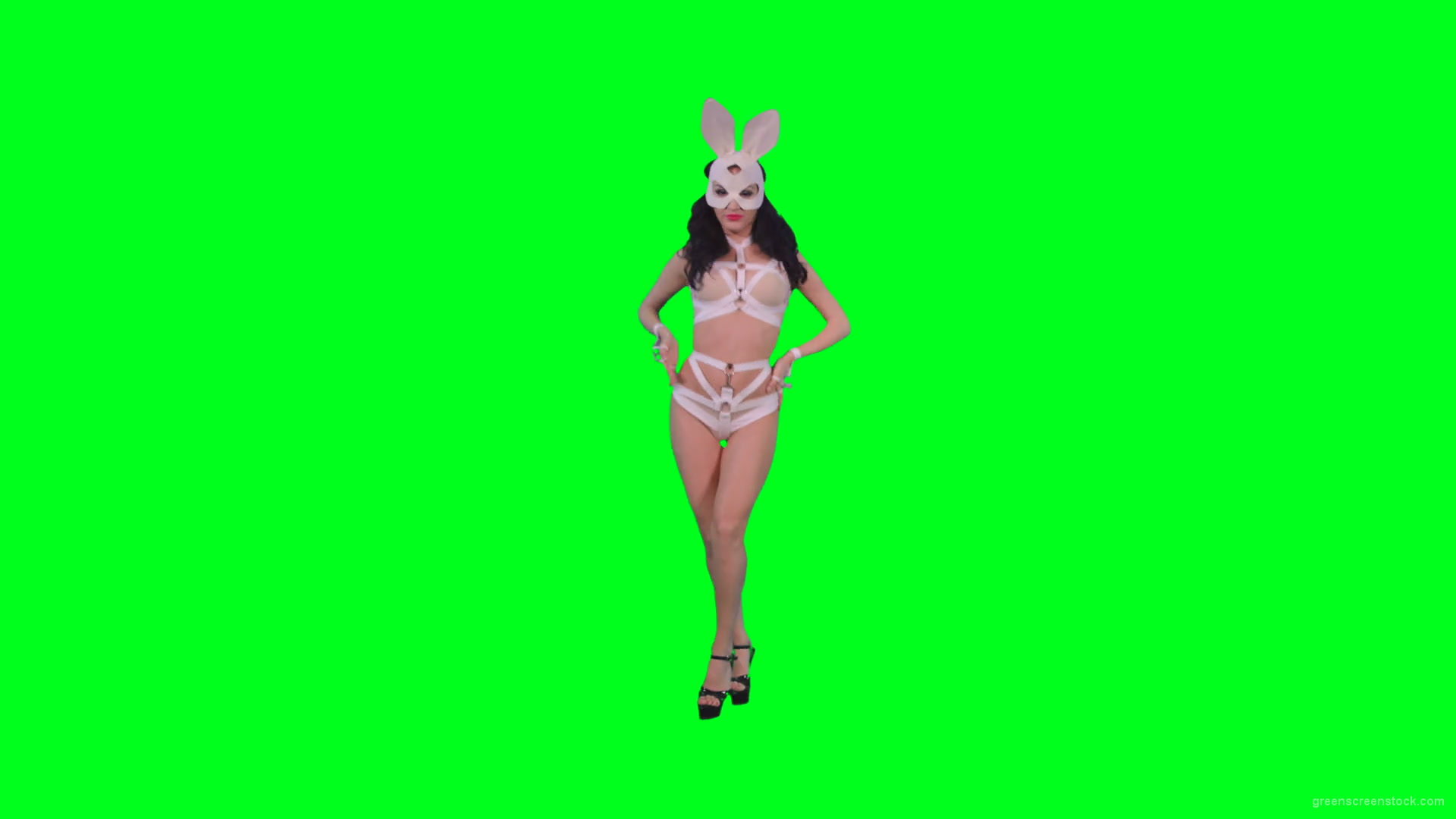 Black-hair-sexy-girl-in-playboy-costume-dancing-go-go-on-green-screen-4K-Video-Footage-1920_004 Green Screen Stock