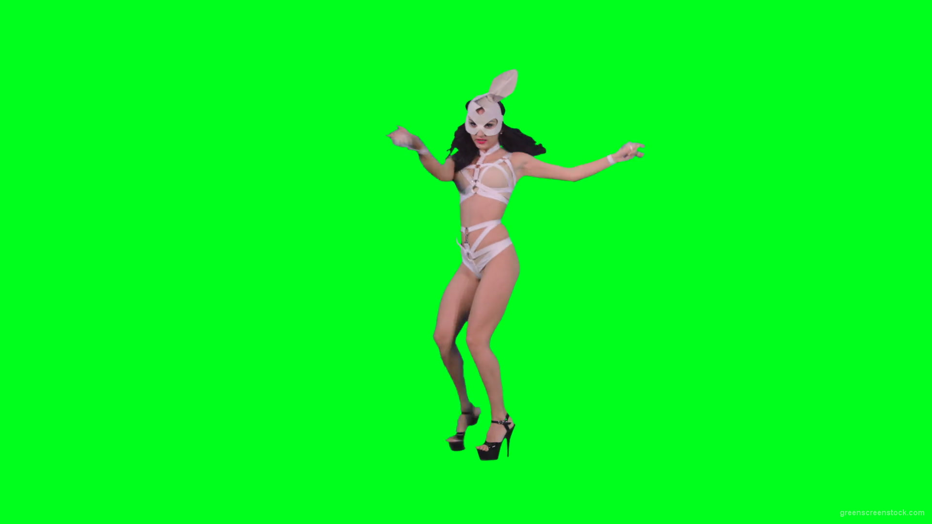 Black-hair-sexy-girl-in-playboy-costume-dancing-go-go-on-green-screen-4K-Video-Footage-1920_005 Green Screen Stock