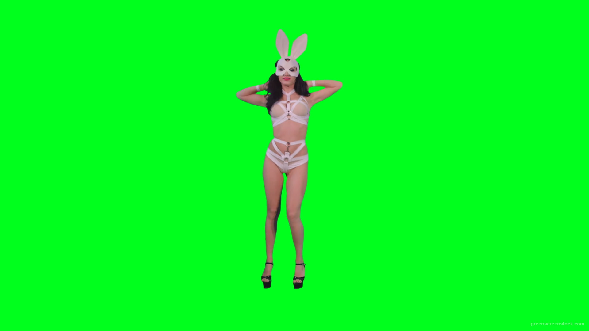 Black-hair-sexy-girl-in-playboy-costume-dancing-go-go-on-green-screen-4K-Video-Footage-1920_006 Green Screen Stock