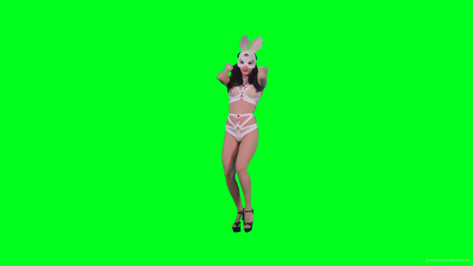 Black-hair-sexy-girl-in-playboy-costume-dancing-go-go-on-green-screen-4K-Video-Footage-1920_008 Green Screen Stock