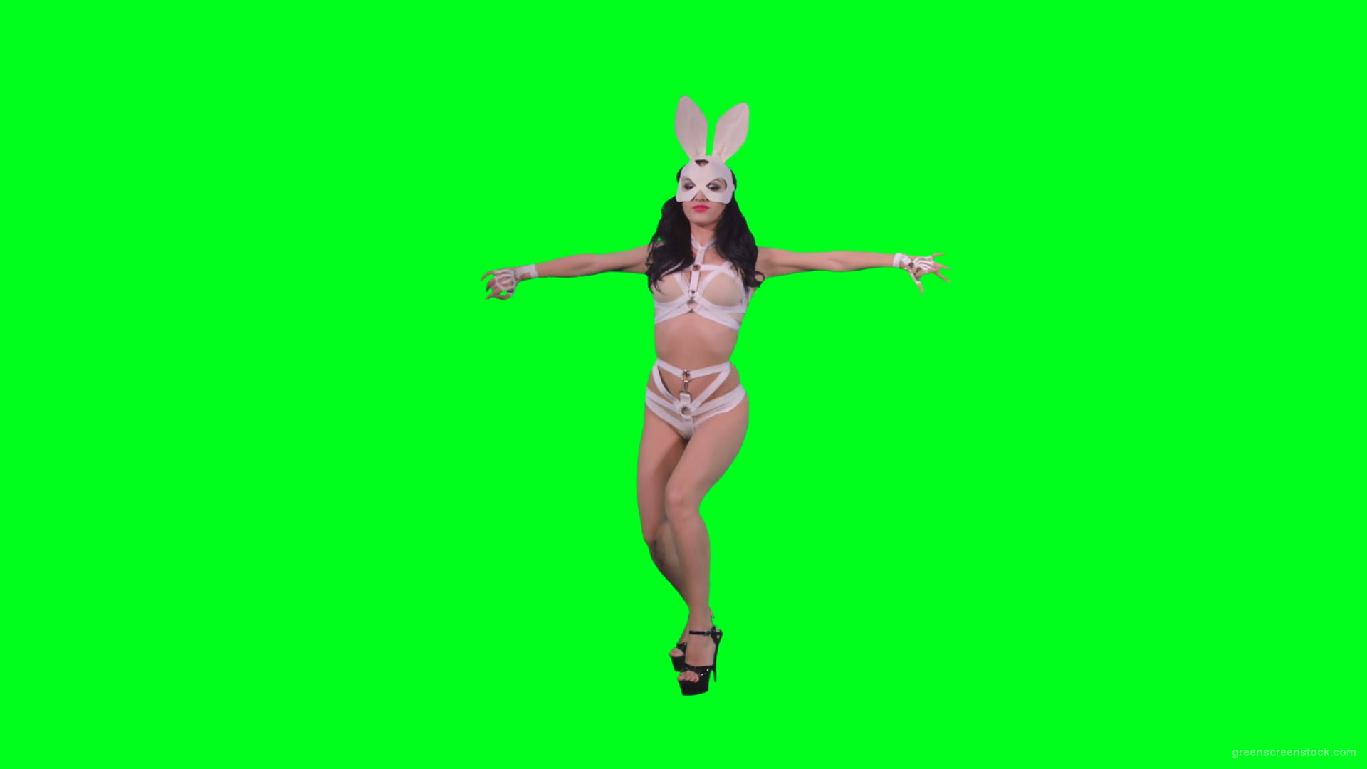 Black-hair-sexy-girl-in-playboy-costume-dancing-go-go-on-green-screen-4K-Video-Footage-1920_009 Green Screen Stock