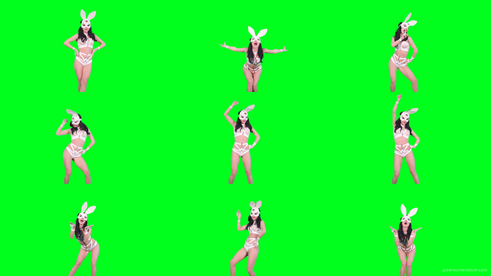Girl-in-rabbit-bunny-mask-posing-and-show-gestures-on-green-screen-4K-Video-Footage-1920 Green Screen Stock