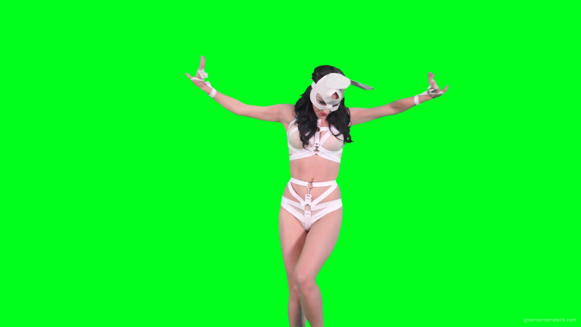 Go-go-Dancer-in-White-Rabbit-EDM-fetish-costume-making-sexy-moves-on-green-screen-4K-video-footage-1920_005 Green Screen Stock