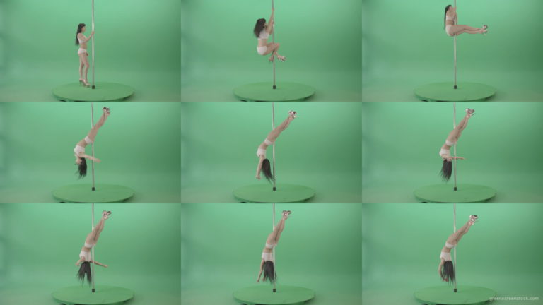 White-dressed-Girl-spinning-down-head-on-pole-dance-on-green-screen-4K-Video-Footage-1920 Green Screen Stock