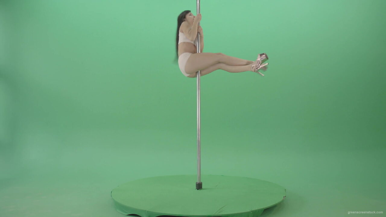 vj video background White-dressed-Girl-spinning-down-head-on-pole-dance-on-green-screen-4K-Video-Footage-1920_003