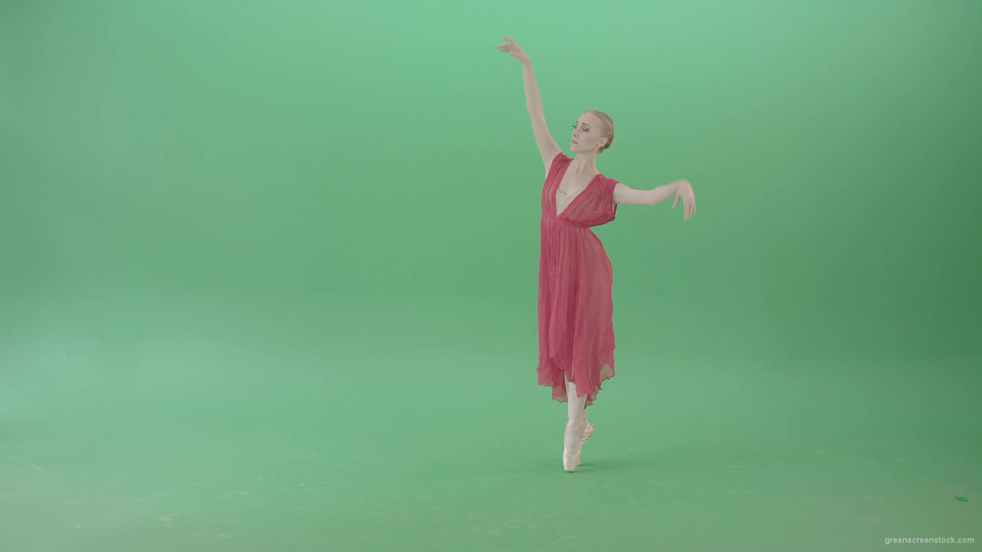 Blonde-girl-in-red-dress-dancing-classical-ballet-on-green-screen-4K-video-footage-1920_005 Green Screen Stock
