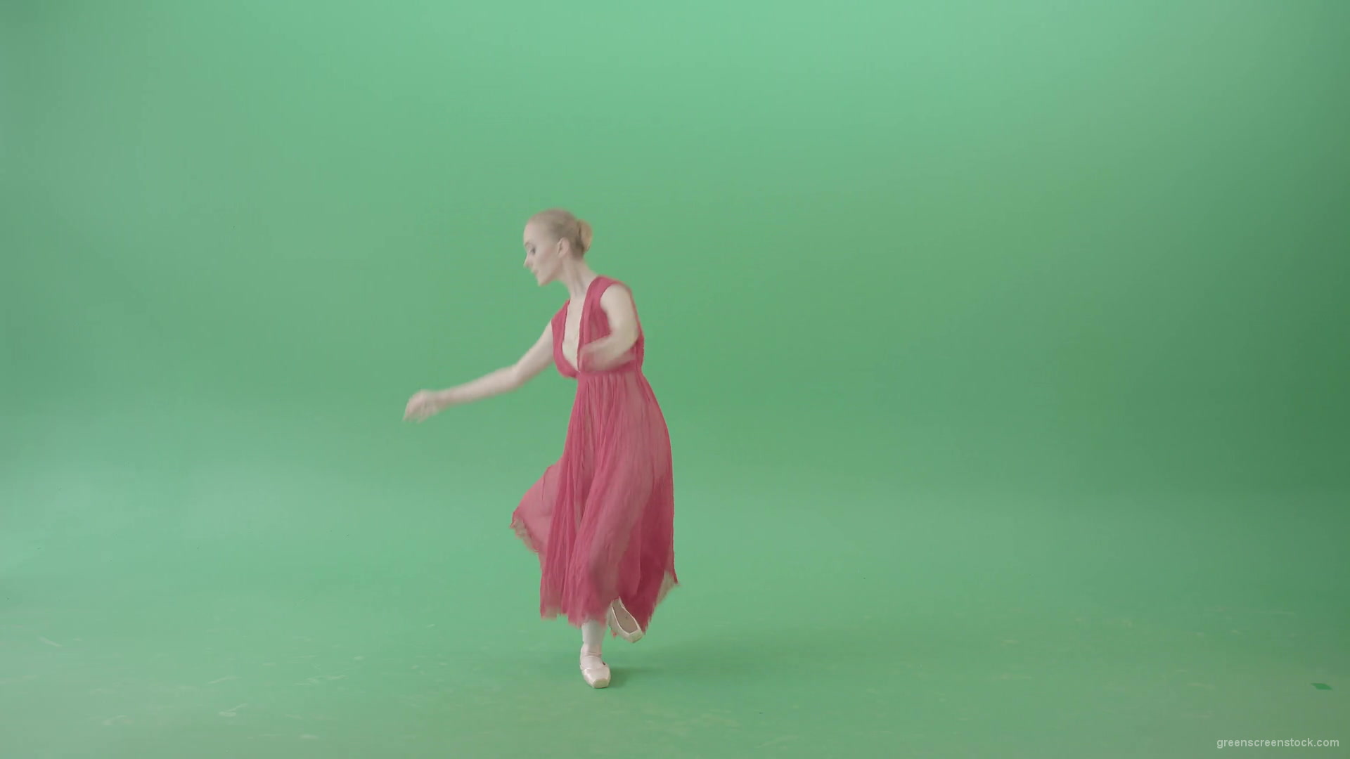 Blonde-girl-in-red-dress-dancing-classical-ballet-on-green-screen-4K-video-footage-1920_009 Green Screen Stock