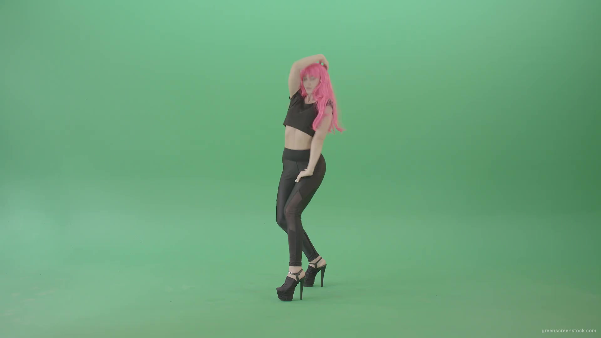 Pink-hair-girl-showing-sexy-moves-dancing-strip-on-green-screen-4K-Video-Footage-1920_001 Green Screen Stock