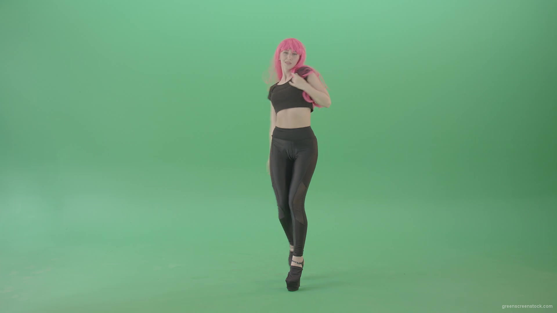 Pink-hair-girl-showing-sexy-moves-dancing-strip-on-green-screen-4K-Video-Footage-1920_005 Green Screen Stock