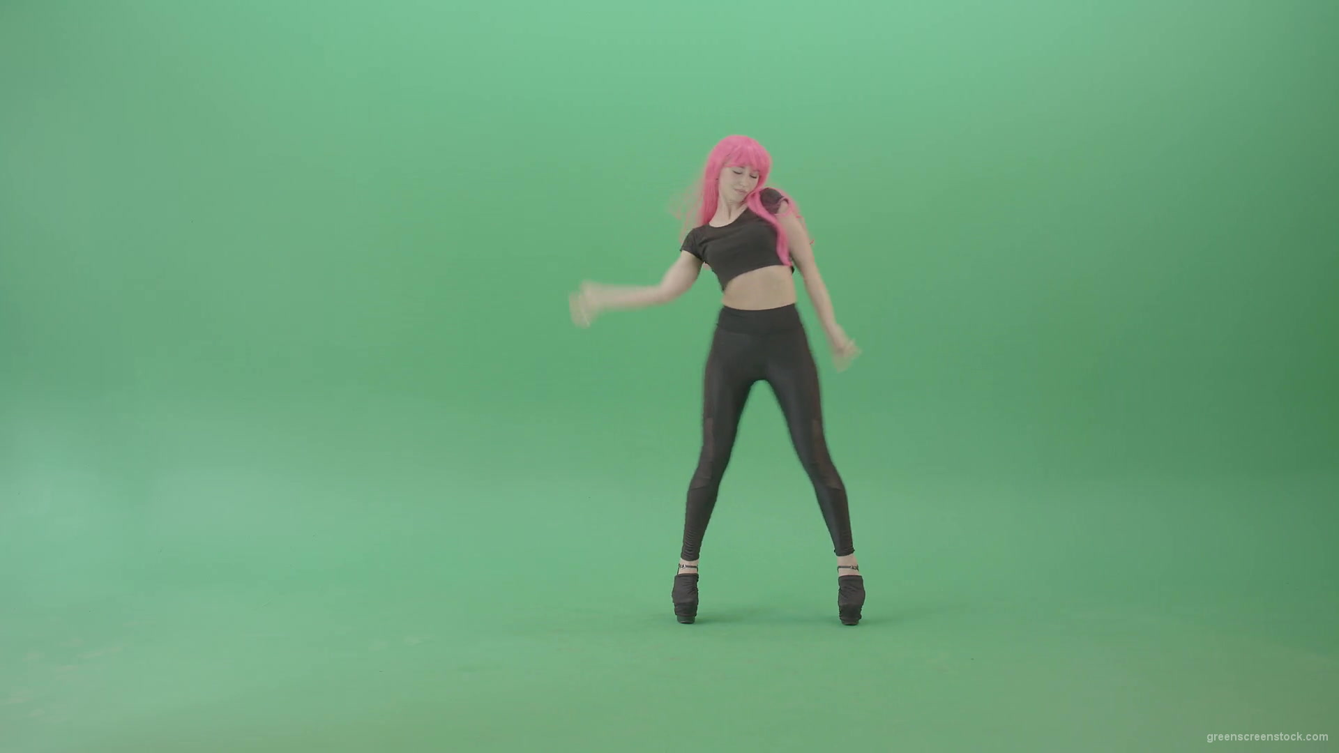 Pink-hair-girl-showing-sexy-moves-dancing-strip-on-green-screen-4K-Video-Footage-1920_006 Green Screen Stock