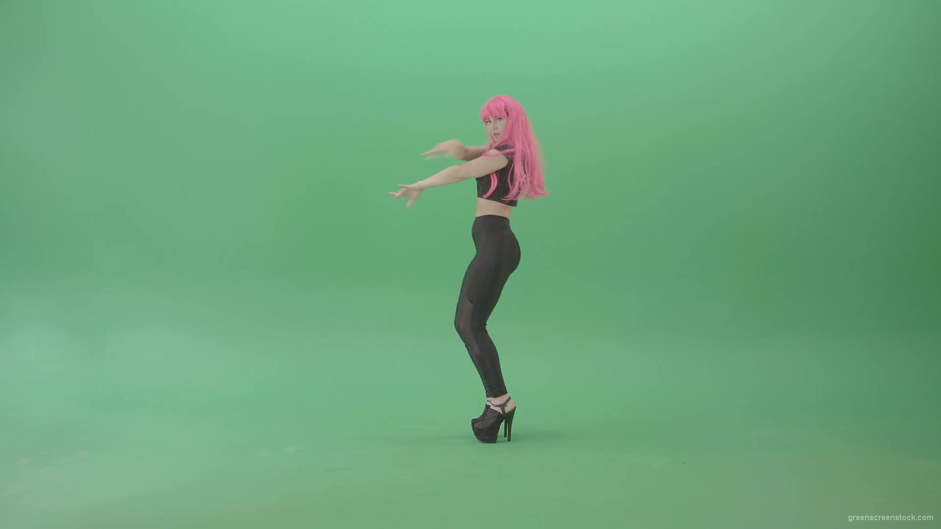Pink-hair-girl-showing-sexy-moves-dancing-strip-on-green-screen-4K-Video-Footage-1920_009 Green Screen Stock
