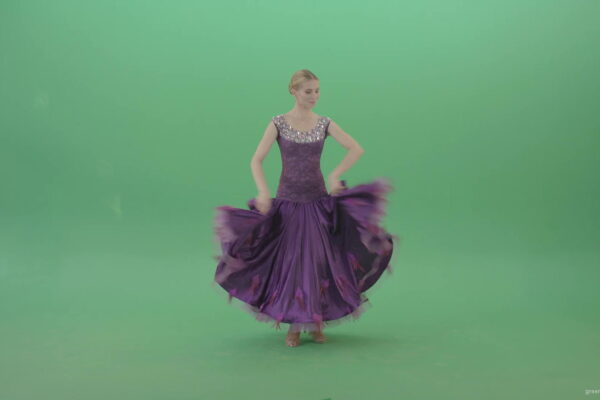 Royal-princess-girl-makes-reverence-and-spinning-in-violet-dress-on-green-screen-4K-Video-Footage-1920_002 Green Screen Stock