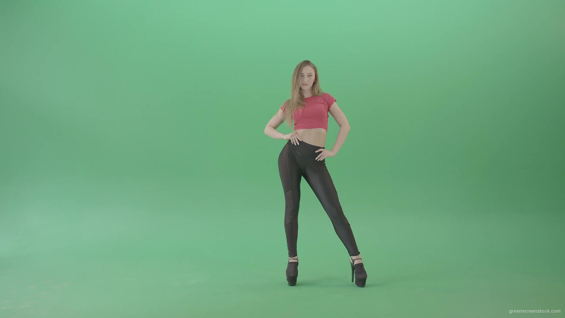 Sexy-Girl-posing-on-green-screen-in-red-t-shirt-4K-Video-Footage-1920_006 Green Screen Stock